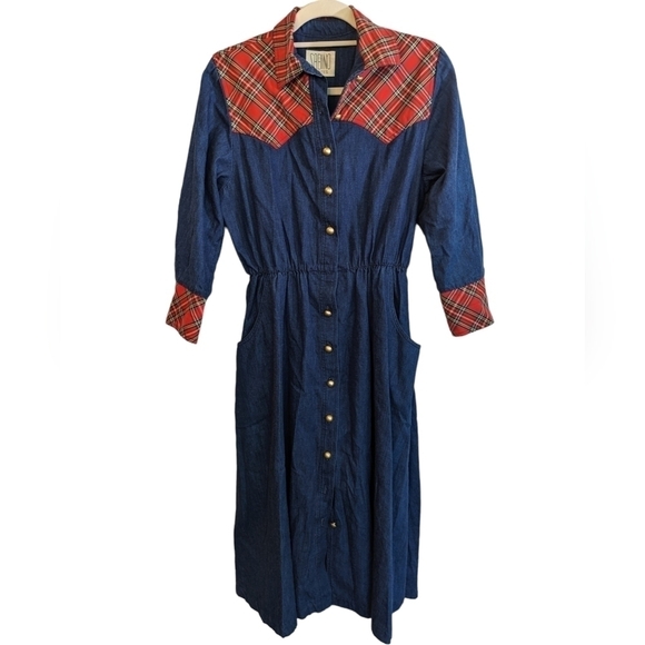 Sabino Dresses & Skirts - Vintage Sabino 80s Western Cotton Chambray Button Up Midi Plaid Shirt Dress 8